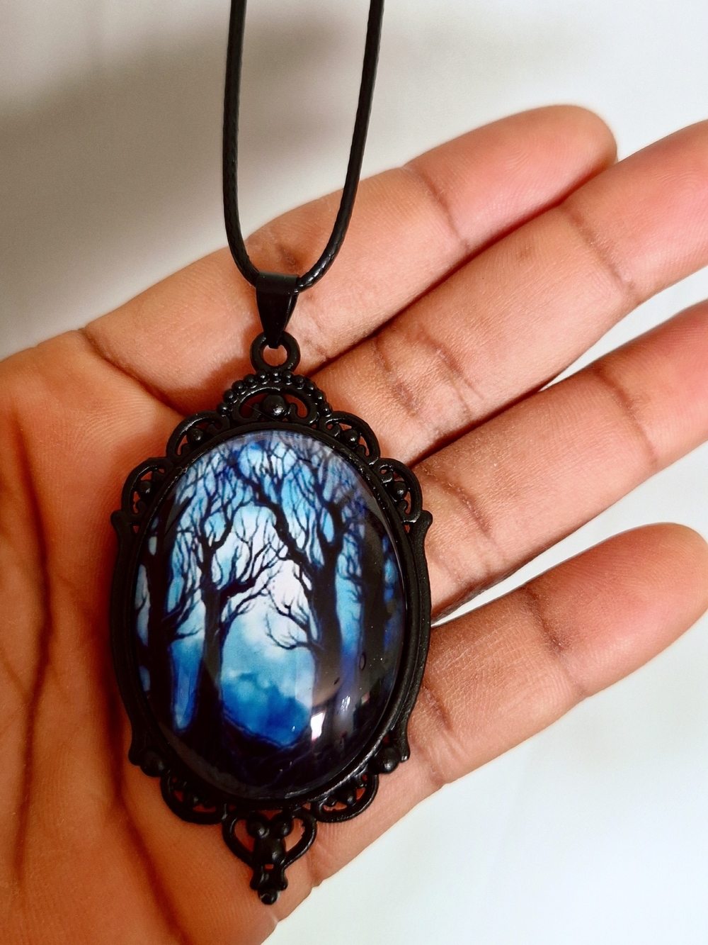 Blue Forest Cabochon Pendant Necklace - Black Frame